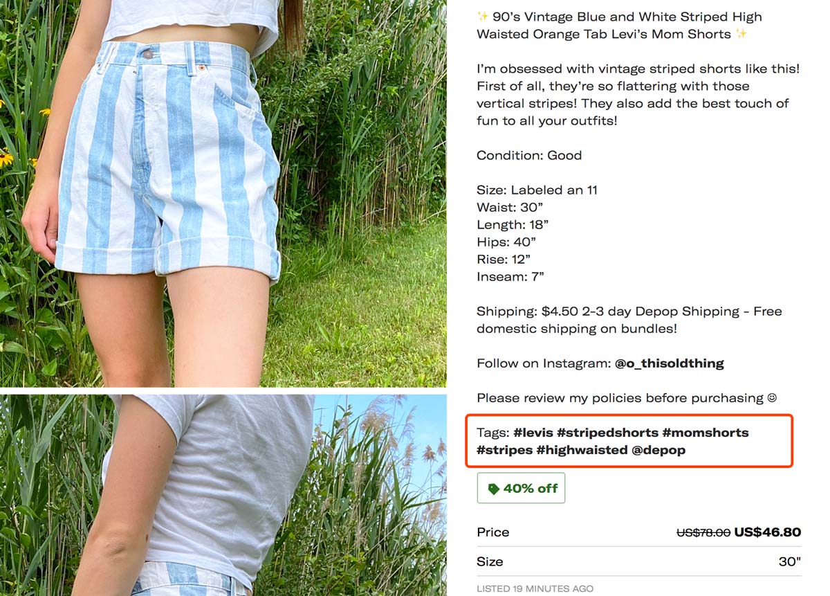 Use 5 relevant hashtags for every item